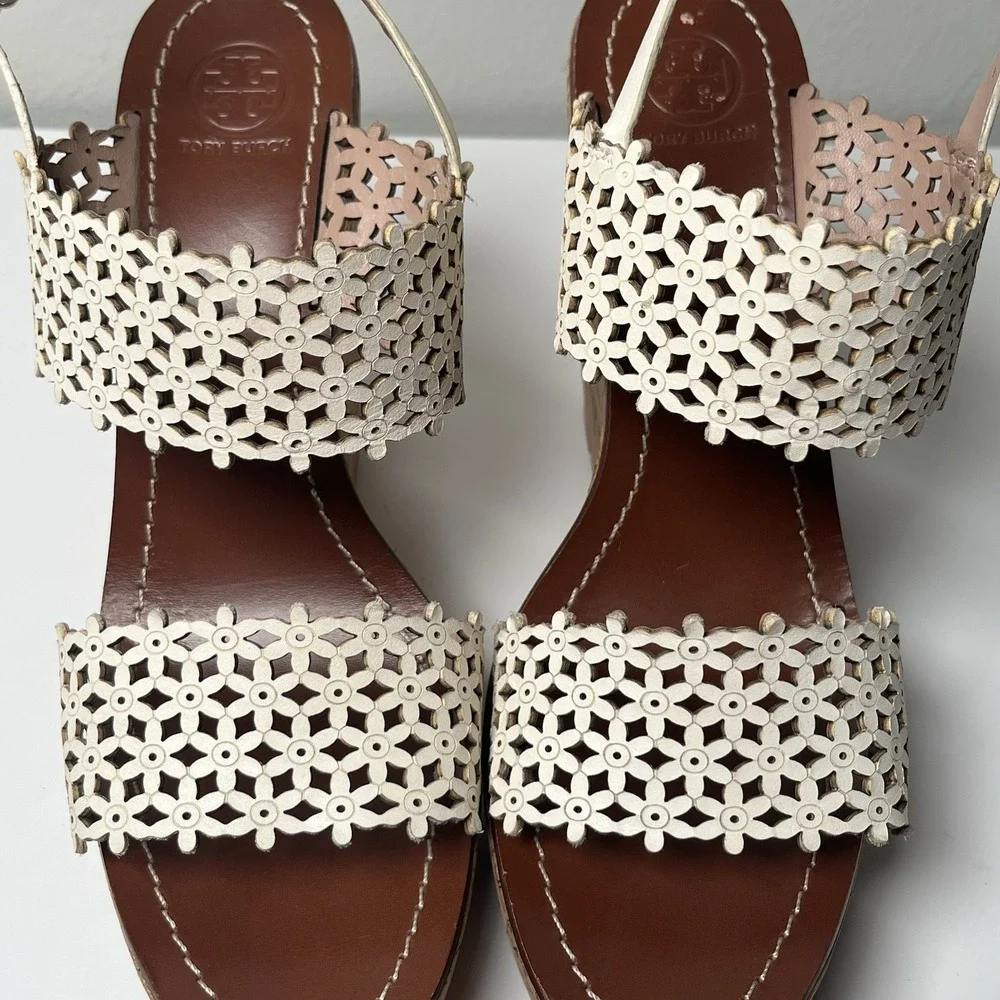Tory Burch Wedge Sandals Womens 11M White Floral Laser Cut Cork Platform Summer